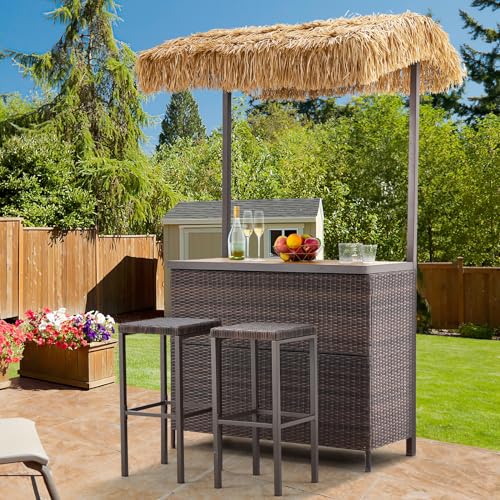 Homrest Outdoor Tiki Bar Set, 3 Pieces Wicker Patio Bar Set W/2 Height Stools thumb #7