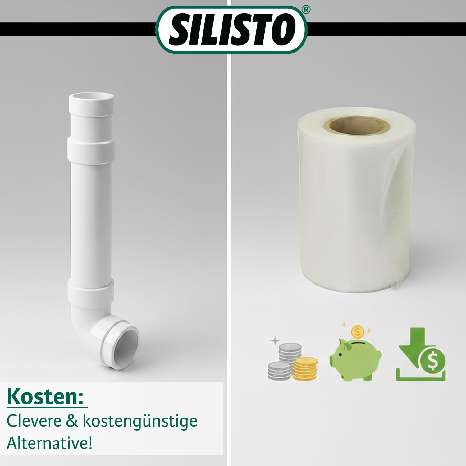 SILISTO Dachrinnenschlauch bis Ø 125 mm 50 Meter Rolle & 140µ Dicke Regenrinnenschlauch - Regenrinnen Ablauf - Fallrohrschutz - Schlauchfolie für Ablaufrohre & Baustellen