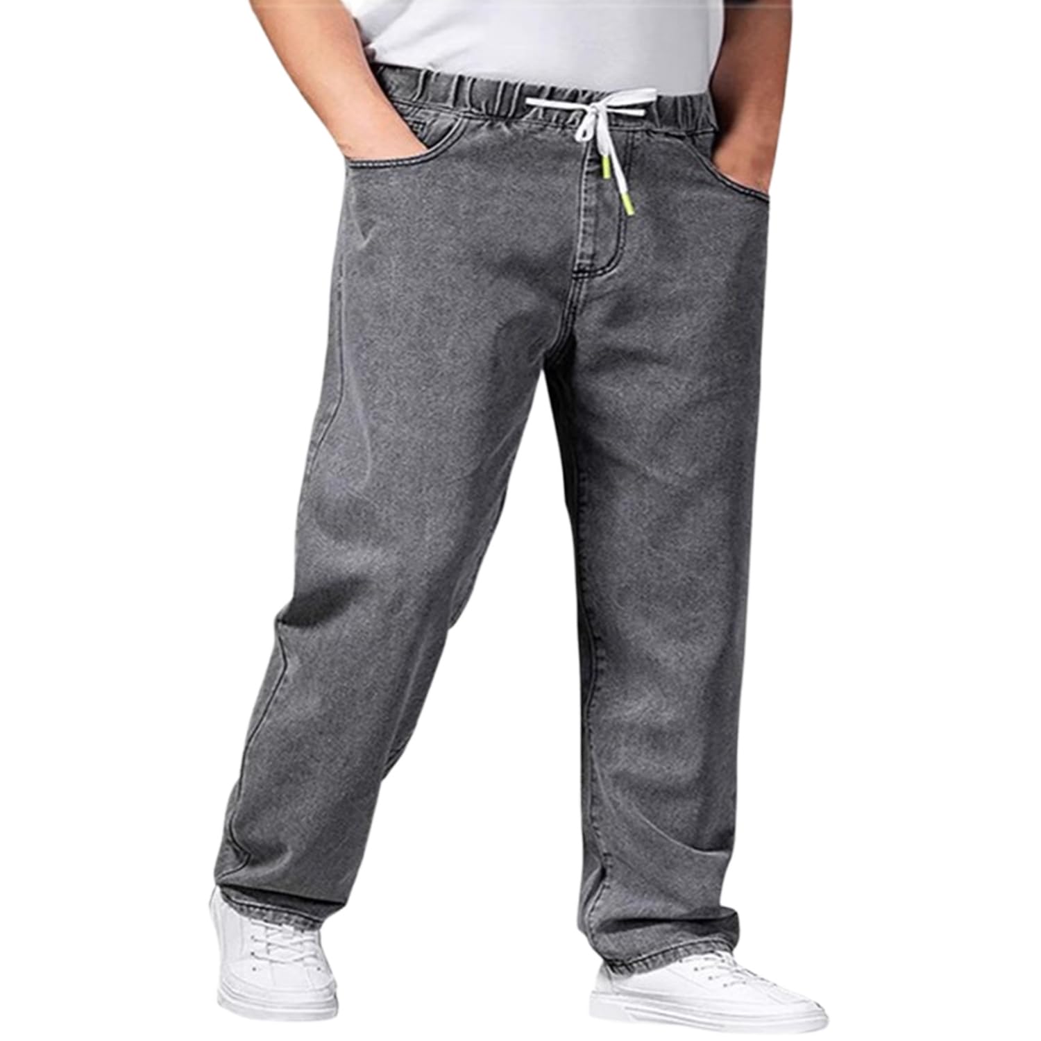 Genérico Pantalones Vaqueros de Talla Grande para Hombre, con Cintura elástica y cordón Ajustable. Estilo Jogger Holgado, Corte Recto y Deportivo.