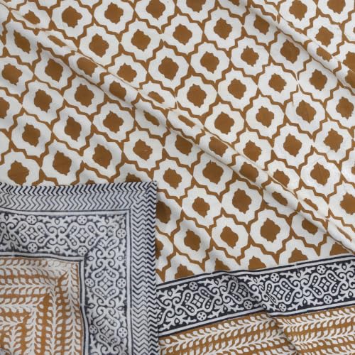Image of TOAI Hand Block Printed Bedsheet | Bed Spread Flatsheet Bed Sheet | Pure Cotton | Queen Size 90 inchx108 inch | 210 TC Luxury Cotton | 2 Reversible Pillow Covers | Dabu Bagru | Earthy Jaal