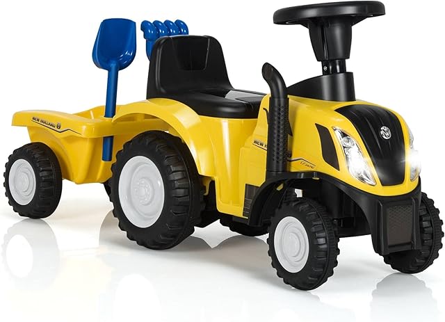 GYMAX Kids Tractor and Trailer, Baby Sliding Toy Car with LED Lights, Horn & Whistle, Slide Ride on Tractors for Boys Girls Age 1-3 (Yellow)