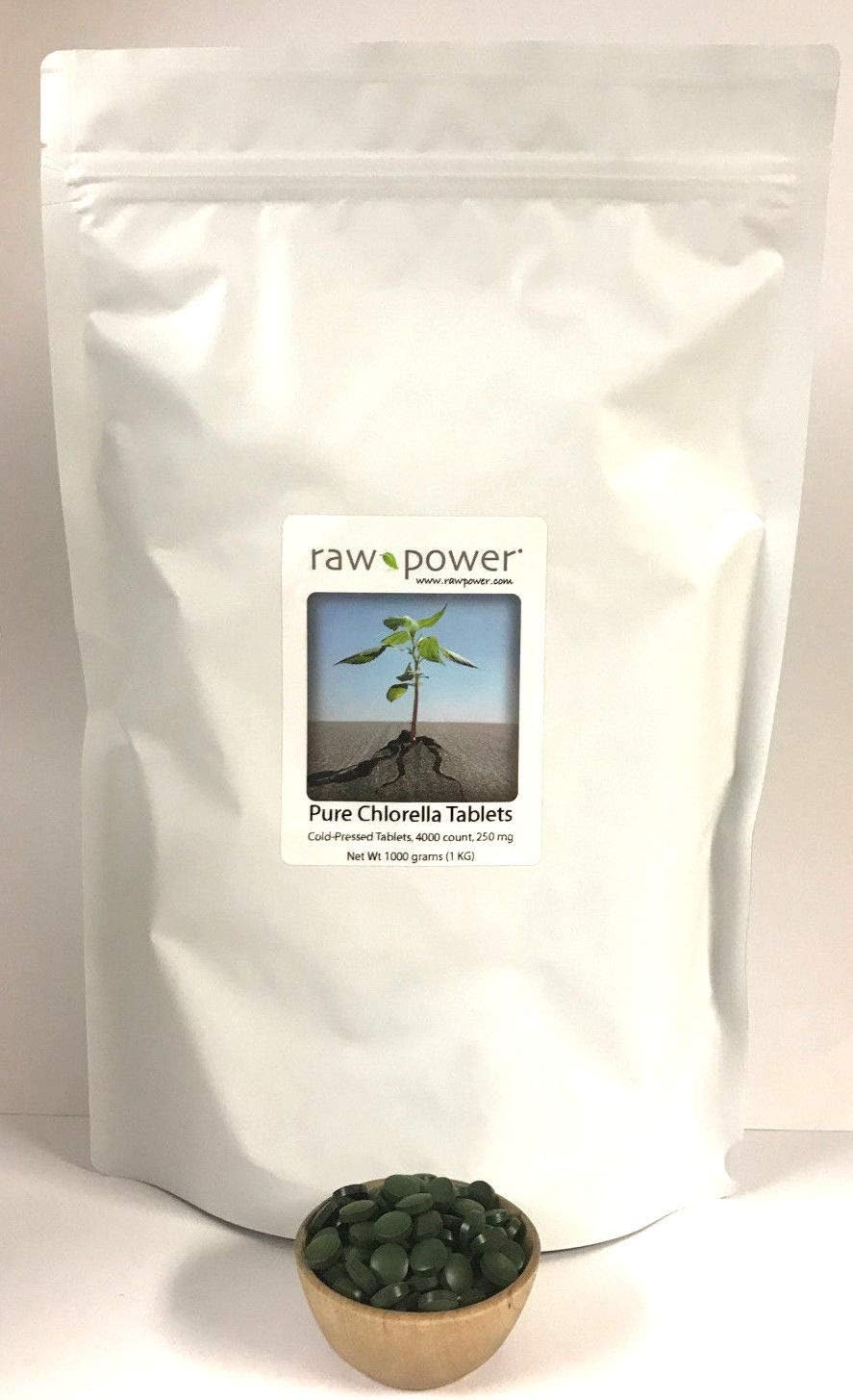 Raw Power Chlorella Tablets, Clean, Pure, ONE Kilo Bag, Bulk, Premium (4000 Tablets, 250mg Each, 1000 Grams Total), Organics Brand