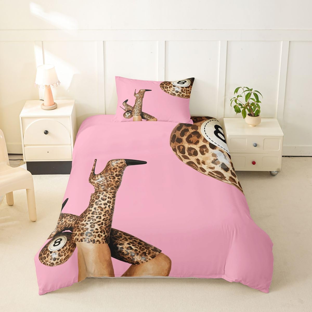 jejeloiu Lucky 8 Ball Duvet Cover Toddler Size High Heel Shoes Bedding Set Breathable Soft Leopard Print Comforter Cover 2Pcs Pink Bedroom Decor No Comforter Microfiber Zipper Closure