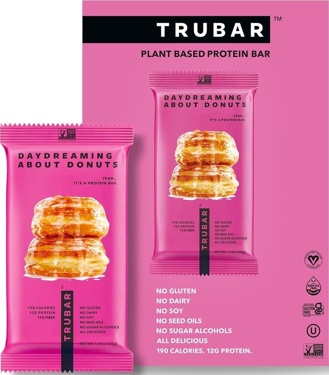 TRUBAR Vegan Protein Bar, Daydreaming About Donuts, Gluten Free, Plant Based, High Fiber, Dairy Free, Low Fat, No Sugar Alcohols, 12G Lean Protein, 13G Fiber, Healthy Snack Bars, 12 CT