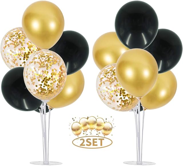 2 Set Table Balloons Stand Kit Ballon Column Stand Balloons Tree Include 16Pcs Black Gold Latex Confetti Balloons for Birthday, Baby Shower, Wedding, Graduation, Party Decorations