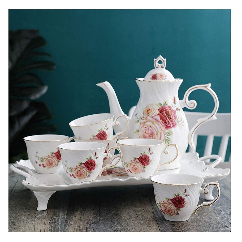 Tea Set teaCupet Nordic Ceramic Tea Set 1200ml Large Capacity with Filter Holes Coffee Set 6 Cupith Tray Tea Tea Cupet (Peony Flower)