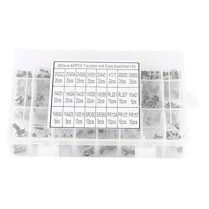 Muskan Enterprises -ME 400pcs 24 Values NPN PNP Transistors Assortment Kit Low Power 2N2222-FR157 Fast Recovery Diode Rectifier with Storage Box for Electronics DIY'$