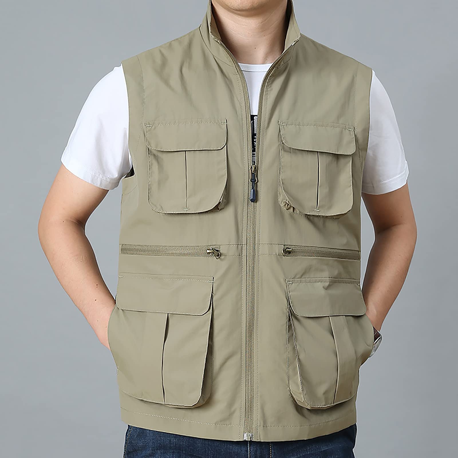 Hombres Chaleco de Pesca con Multibolsillos Respirable Viajes Senderismo Chaleco(Size:5XL,Color:Caqui)