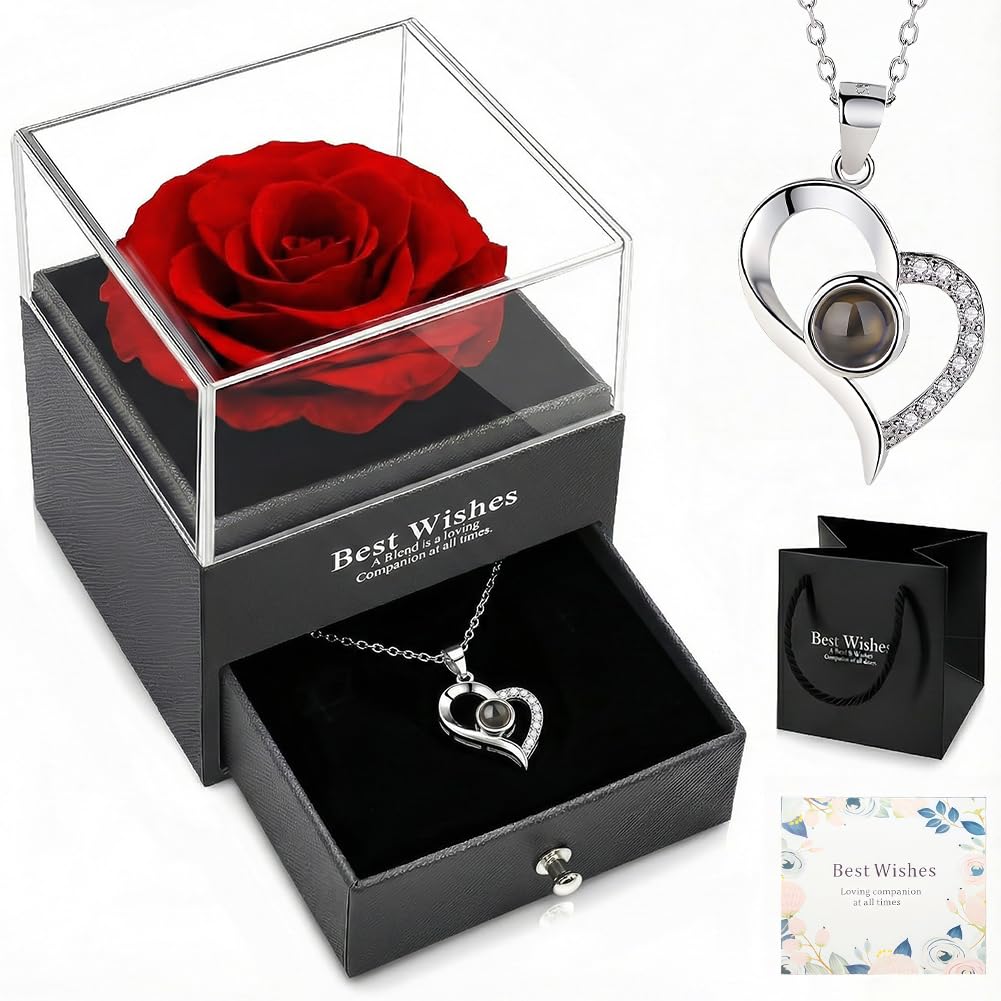 Eternal Flowers Rose Gift Box, Eternal Flowers Rose with I Love You Necklace for Mom Wife Girlfriend Her on Anniversary Mothers Day Valentines Day Christmas Birthday Engagement Graduation-image-14