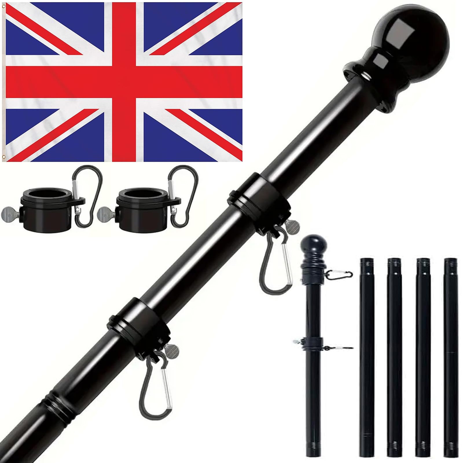 Flag Pole Kit, 6ft Flag Poles For Garden, 5ft X 3ft Union Jack Flags, British Flags And Pole Kit With 360 Rotating Rings, England FlagAnd Poles Set For House Garden Yard Outdoor Fence (Black #A)
