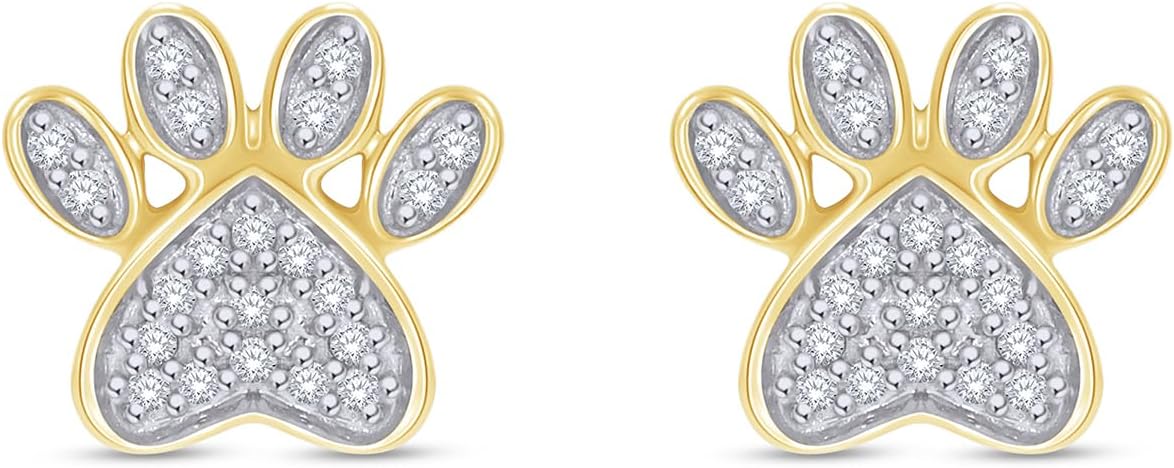 Paw Print Stud Earrings for Women 1/10 Carat Round White Natural Diamond Dog Paw Earring Jewelry For Her In 10k Solid Gold With Push Back (0.10 Cttw, Color- I-J, Clarity- I2-I3)