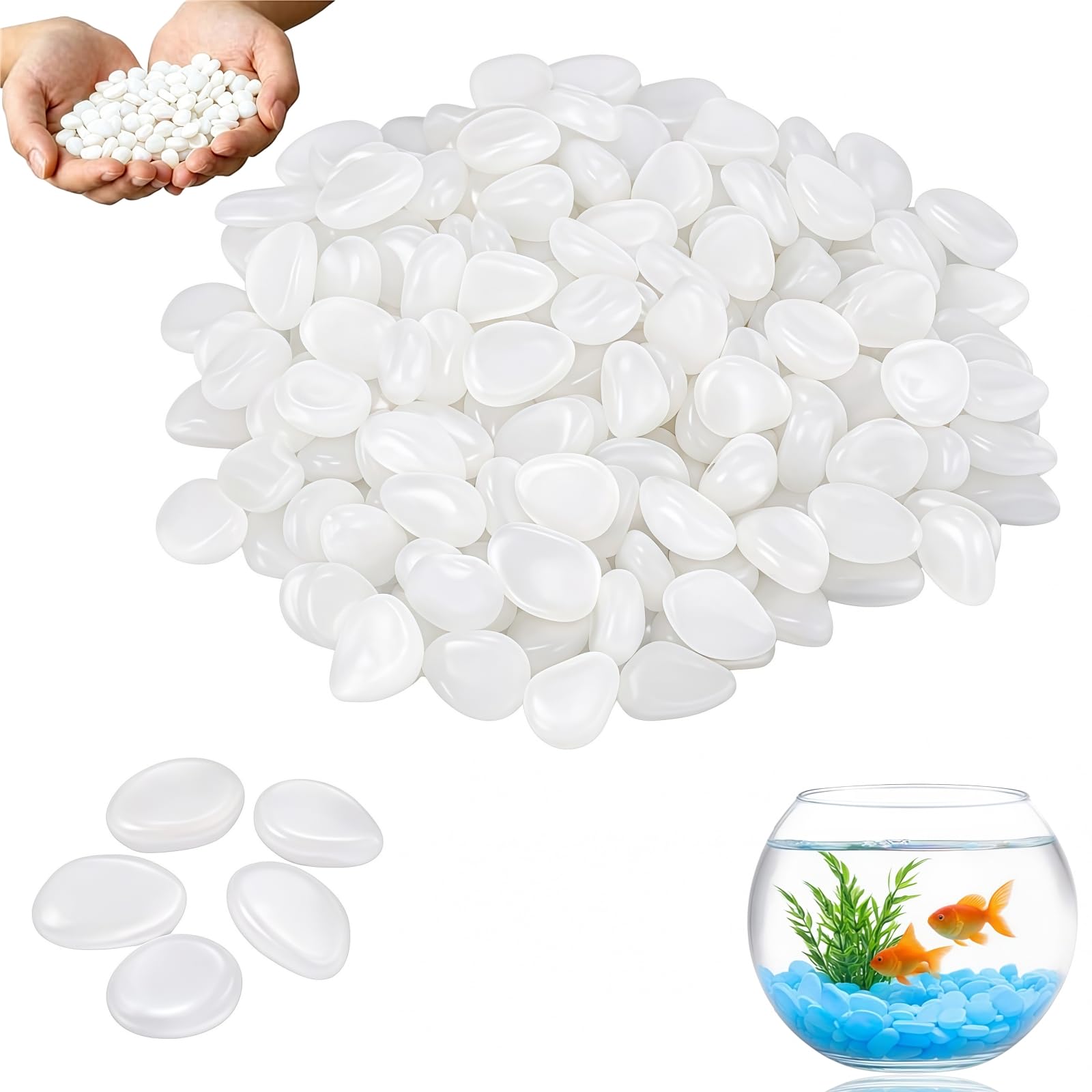 200PCS Glow in the Dark Pebbles, White Aquarium Gravel & Fish Tank Stones, Luminous Decorative Stones for Plant Pots, Garden, Vases, Pathway & DIY Decor, Multi-Functional Decorative Solution (White)