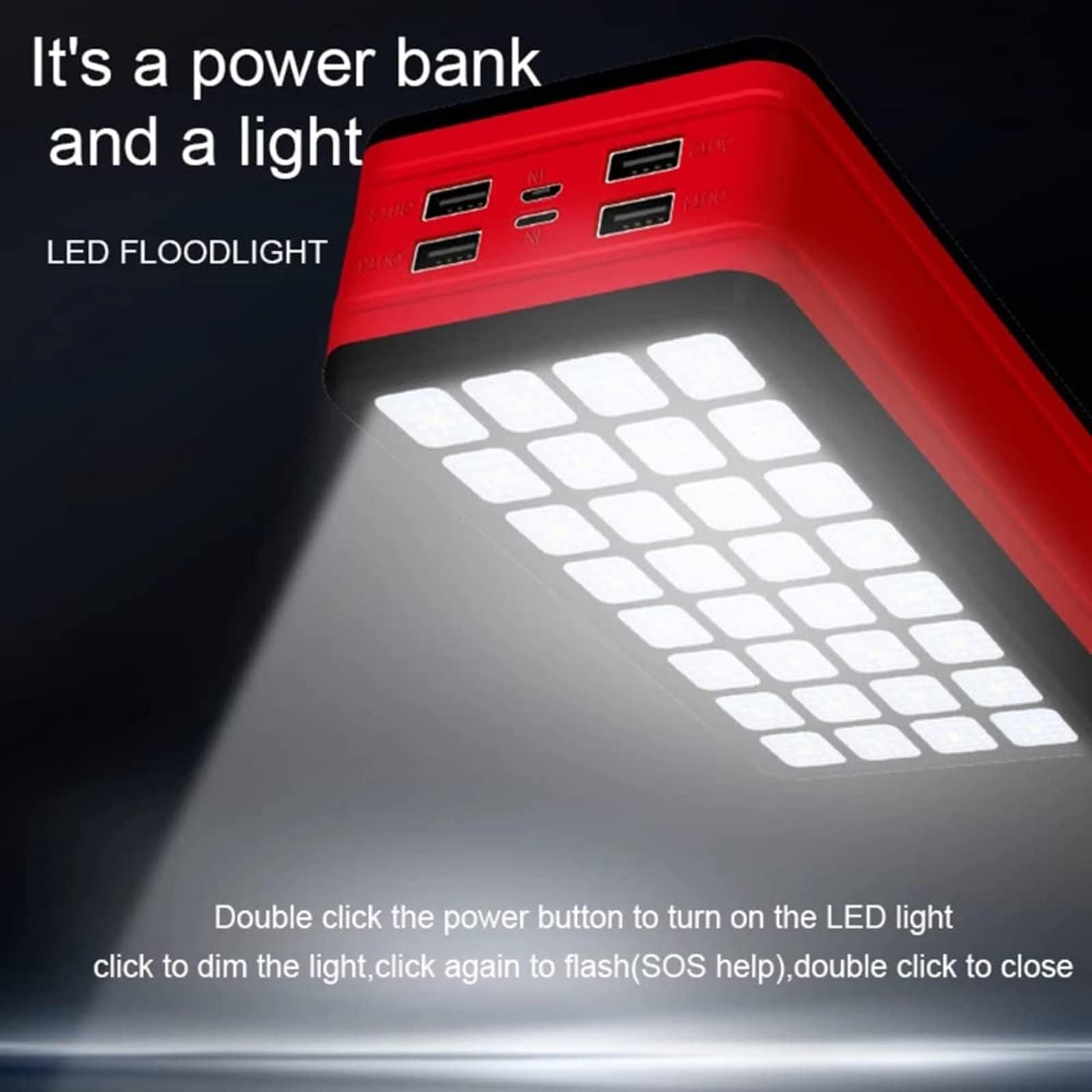 Banco De Energía De 50000 Mah, Linterna De 32 LED, Cargador Portátil De 10 W con 4 Salidas USB Y 2 Entradas, Batería Externa De Gran Capacidad para Teléfonos Y Dispositivos Móviles.