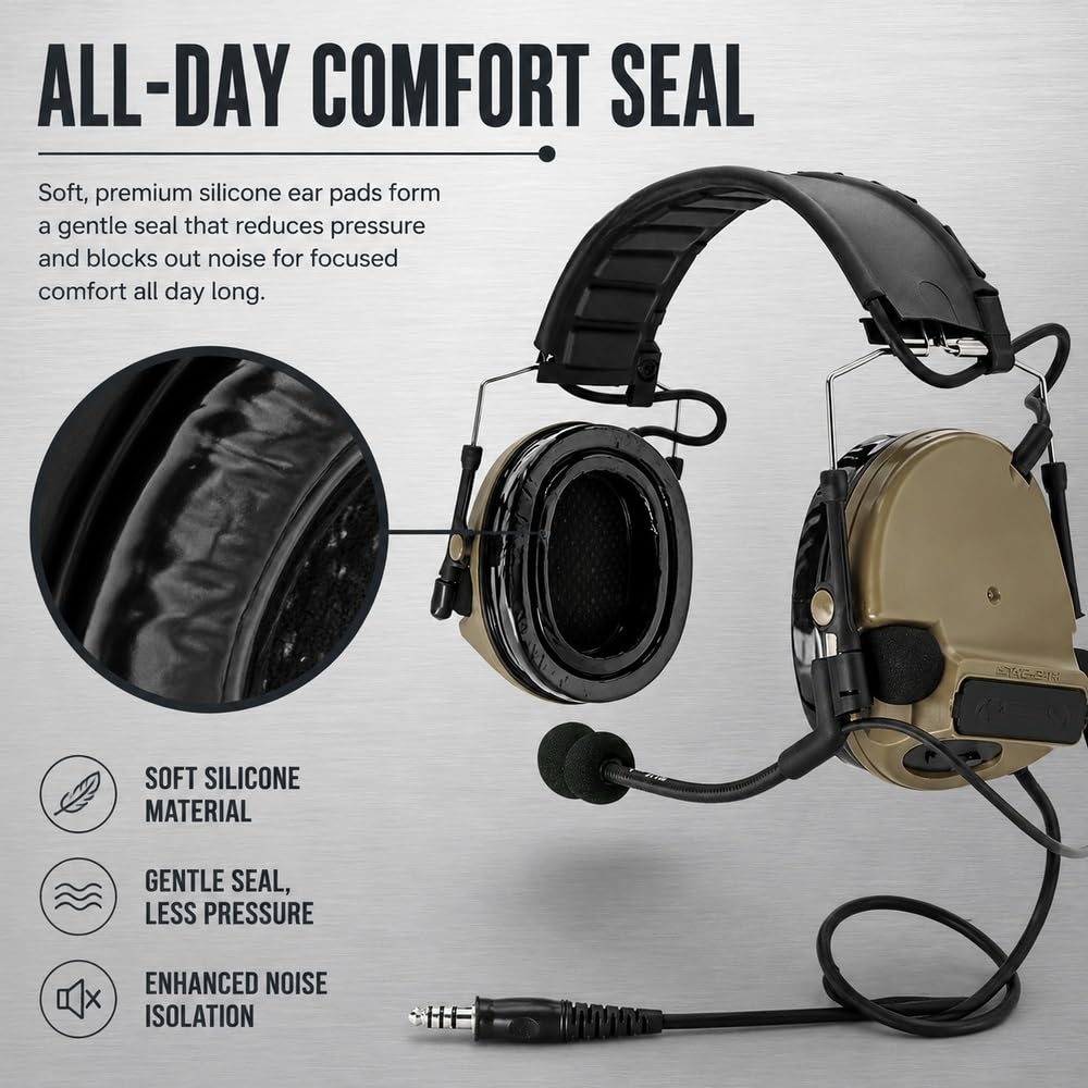 Auriculares Tácticos C3, Diadema Ajustable Color Canela, Orejeras De Silicona, Reducción Ruido Electrónica, Captación Sonido, For Deportes Al Aire Libre