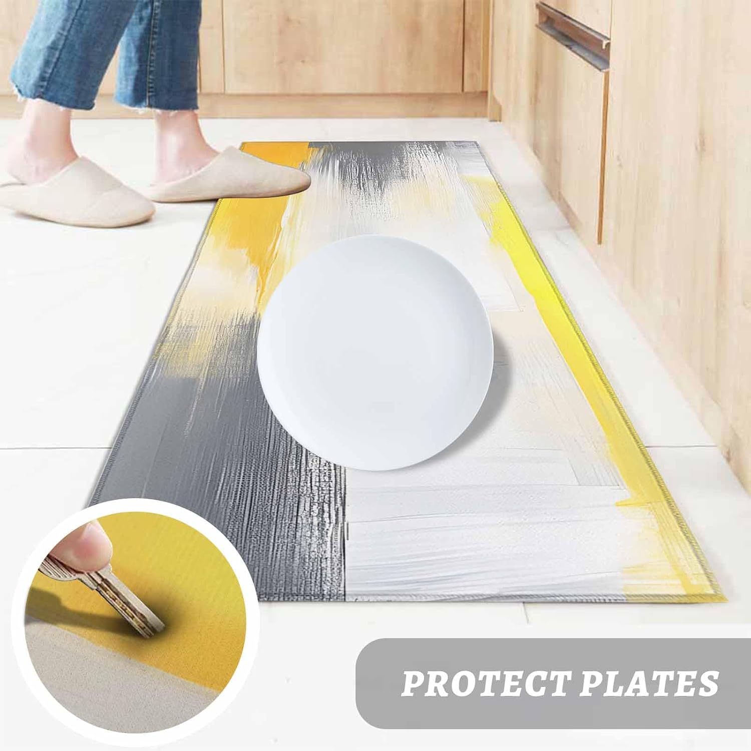 Kitchen Mats for Floor Abstract Grey Yellow Oil Painting Art Washable Non Slip Kitchen Rugs 1PCS, WatercolorColor Gradient Absorbent Standing Mats for Sink Bathroom Office Living Room 15.7x47.2in