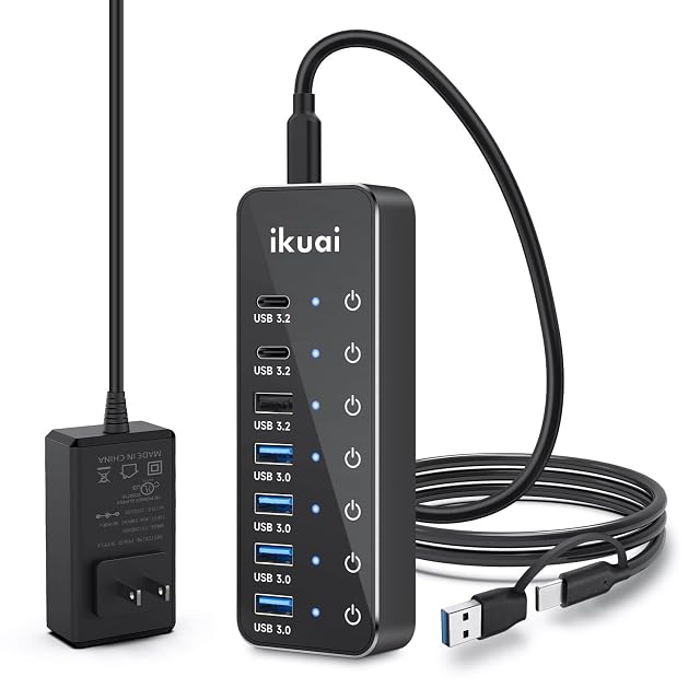 Powered USB Hub ikuai 7-Port USB 3 2 USB C Hub with 3 10Gbps Data Ports 2 USB-C