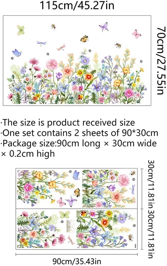 Colorful Floral Wall Decals Wildflowers Flower Wall Stickers Butterfly Green Plant Mural Peel and Stick Flowers Home Decor DIY Removable Wall Art for Girls Bedroom Nursery