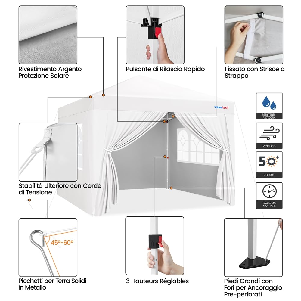 Yaheetech Gazebo da Giardino Tre Altezza Regolabile Tendone Pop-up Pieghevole con Telo Impermeabile con 4 pareti Laterali Tenda Chiuso Festa Esterno Campeggio 3 x 3 M Bianco