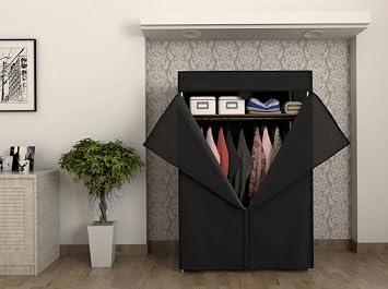 Dzgn Home Metal  elik Borulu Plastik Rafl  Ekonomik Bez Dolap Gard rop Portatif Gardrop-Siyah