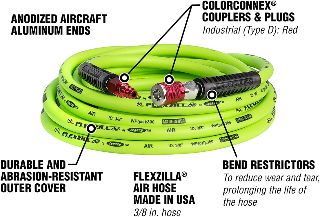 Flexzilla Air Hose with ColorConnex Industrial Type D Coupler and Plug, 3/8 in. x 35 ft, Heavy Duty, Lightweight, Hybrid, ZillaGreen - HFZ3835YW2-D - - 