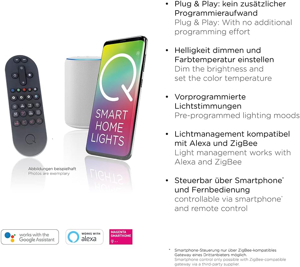 Smart Home compatibility icons for Paul Neuhaus Q-Etienne lamp, showing integration with Alexa, Google Assistant, and Magenta SmartHome