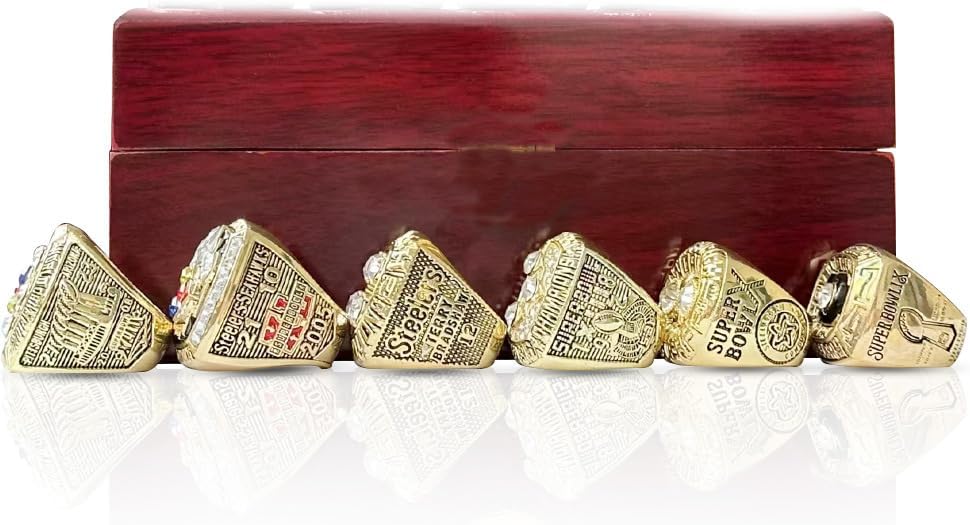GIFT SET PITTSBURGH RUGBY 1974 1975 1978 1979 2005 2008 6-TIMES WORLD CHAMPIONSHIP RING, 6 RINGS SET WITH 6-HOLE WOODEN DISPLAY BOX PACKAGING, HOLIDAY GIFT FOR BASEBALL FANS