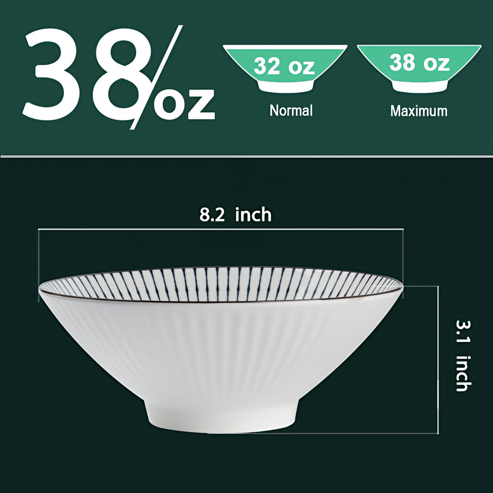 QINLANG Japońskie miski do ramenu o pojemności 38 oz (1,1 l), ceramiczny zestaw 4 szt. do płatków śniadaniowych, zupy, pho, makaronu - niebieski i biały, 20 cm, wielokolorowe