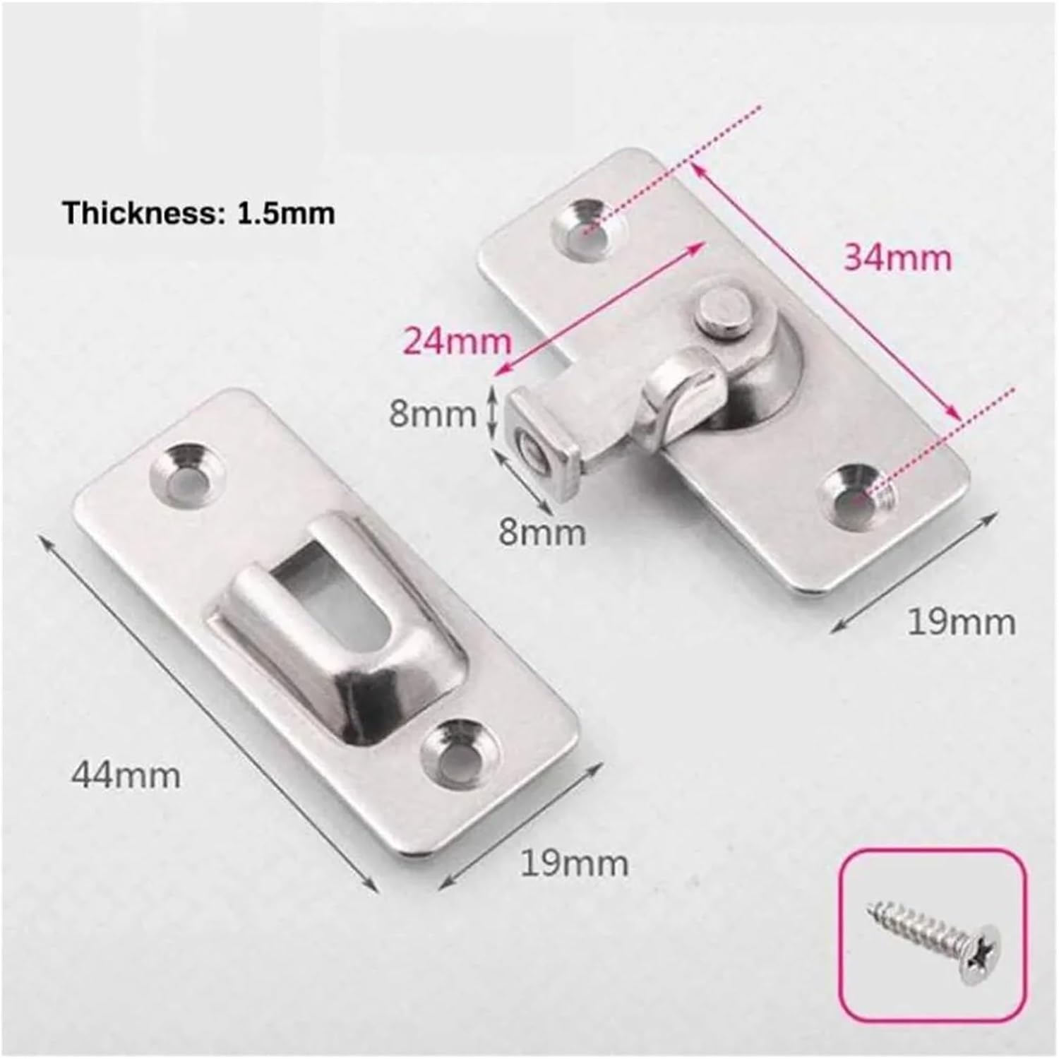 SBTRKT Door Lock 90 Degree Barn Bolt Cast Stainless Steel Hook Latch Window Cabinet Locks with Screws Right Angle for Sliding Door (Color : Silver)