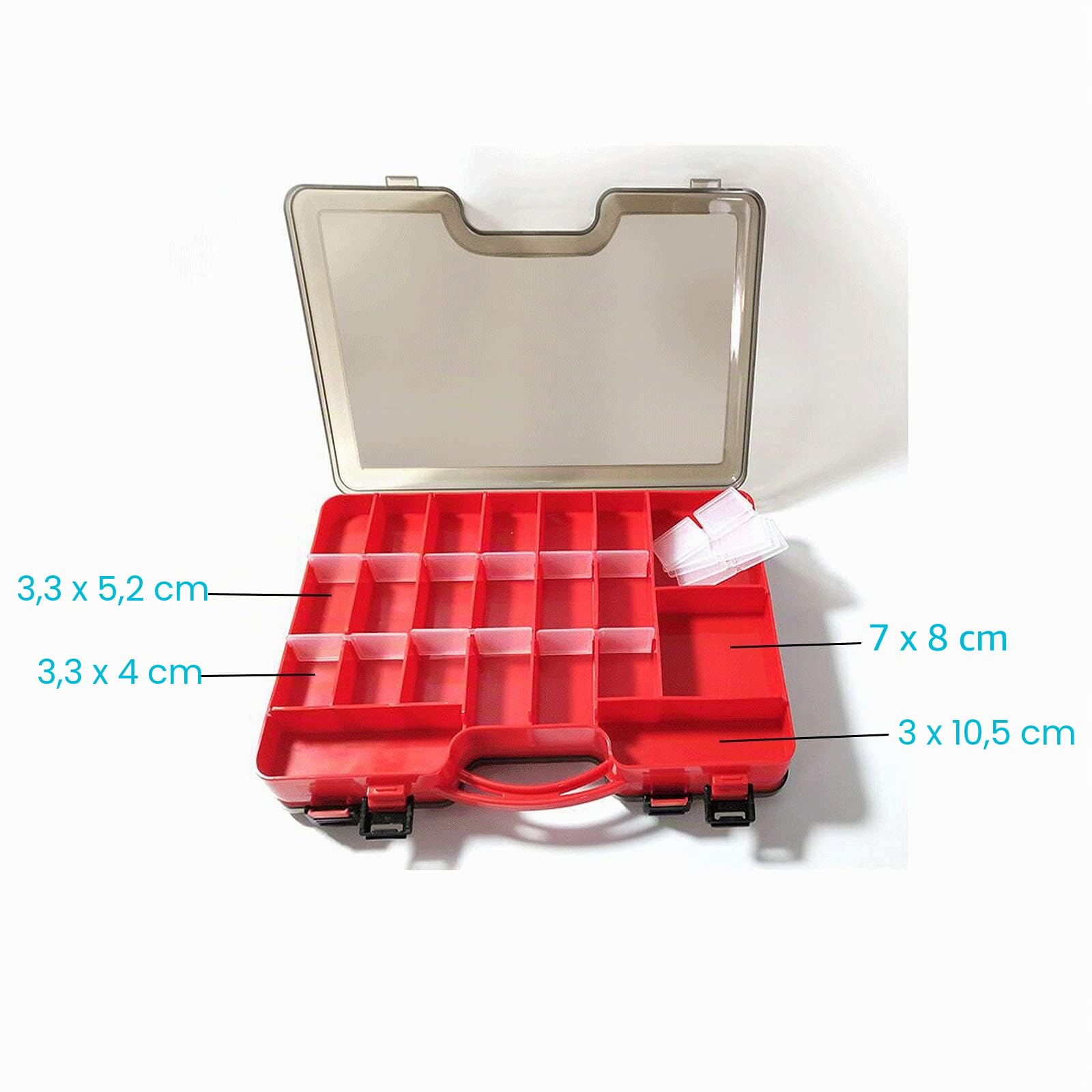 Doppelseitige Angelbox, Kunststoff Angelzubehör Köderbox, Aufbewahrungsbox für Angelzubehör mit Fächern, Wasserdicht Tragbare angel Zubehör Box für Angelbegeisterten (29L x 19B x 5,8H cm, Rot)