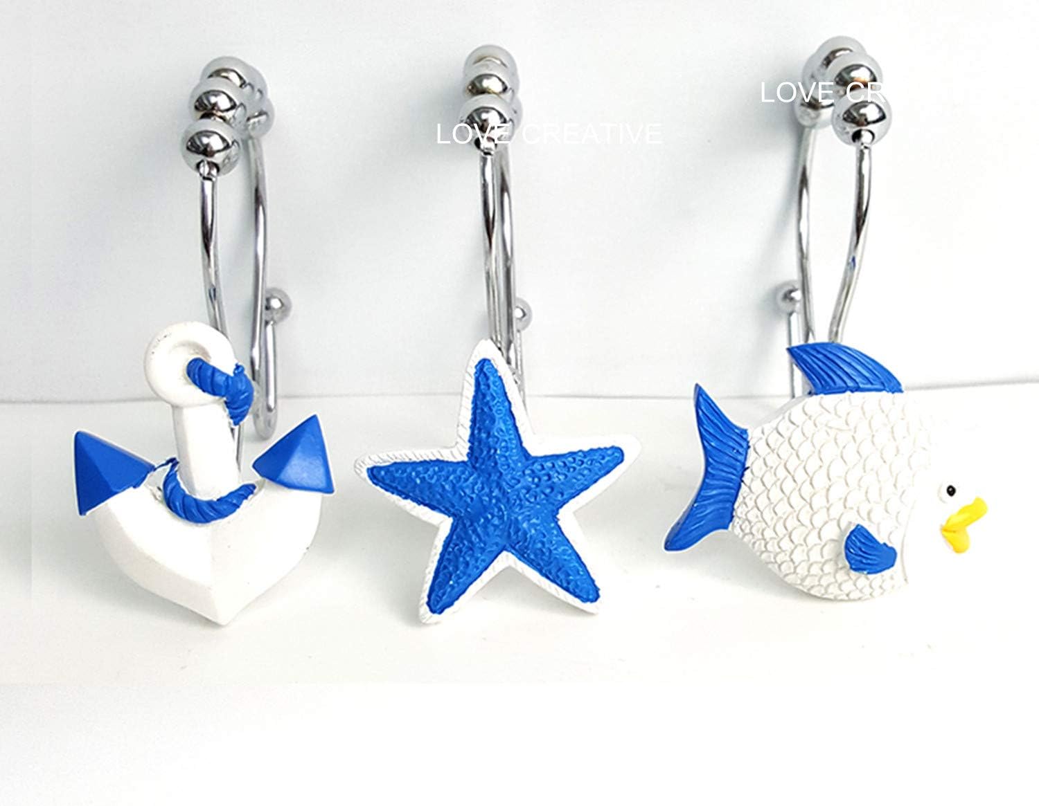 Love Creative Double RUSTPROOF Shower Curtain Hooks Rings Resin Starfish Shell STAINLESS STEEL Shower Curtain Hooks Rings Easy Glide 12 Count (BLUE Starfish Shell)