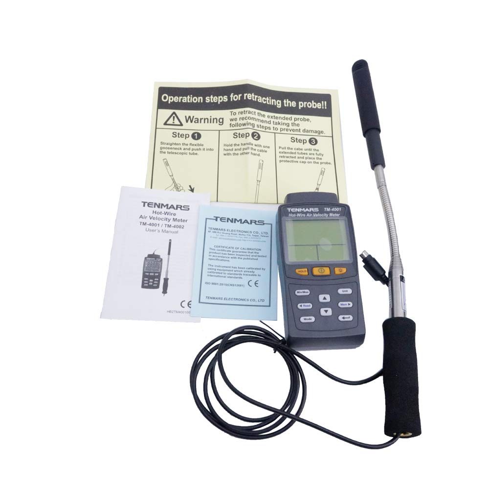 TENMARS TM-4001 Digital Hot Wire Anemometer Air Flow Air Velocity Temperature Tester with 1.5M Cable Probe