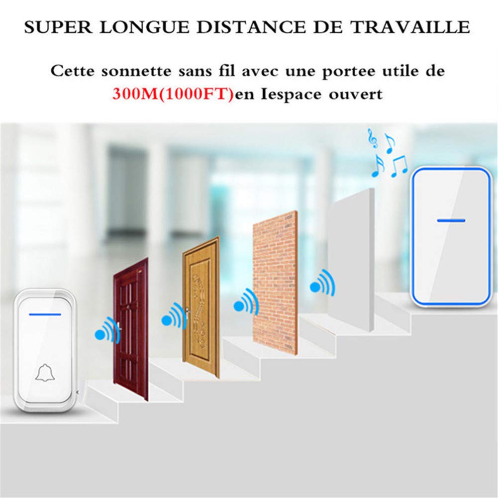 Kit de Sonnette sans Fil, 2 Boutons 6 récepteurs, IP44 Carillon étanche, 10004 Ft Range, 38 mélodies, indicateur LED, Installation Facile pour Le Bureau à Domicile