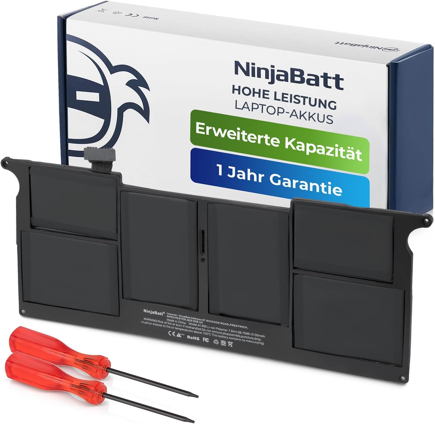 NinjaBatt A1465 A1370 Battery for Apple Macbook Air 11 [mid 2011 2012 2013 early 2014 2015 2016 2017 years] A1495 A1406 - High Capacity [5100mAh/39Wh/76V