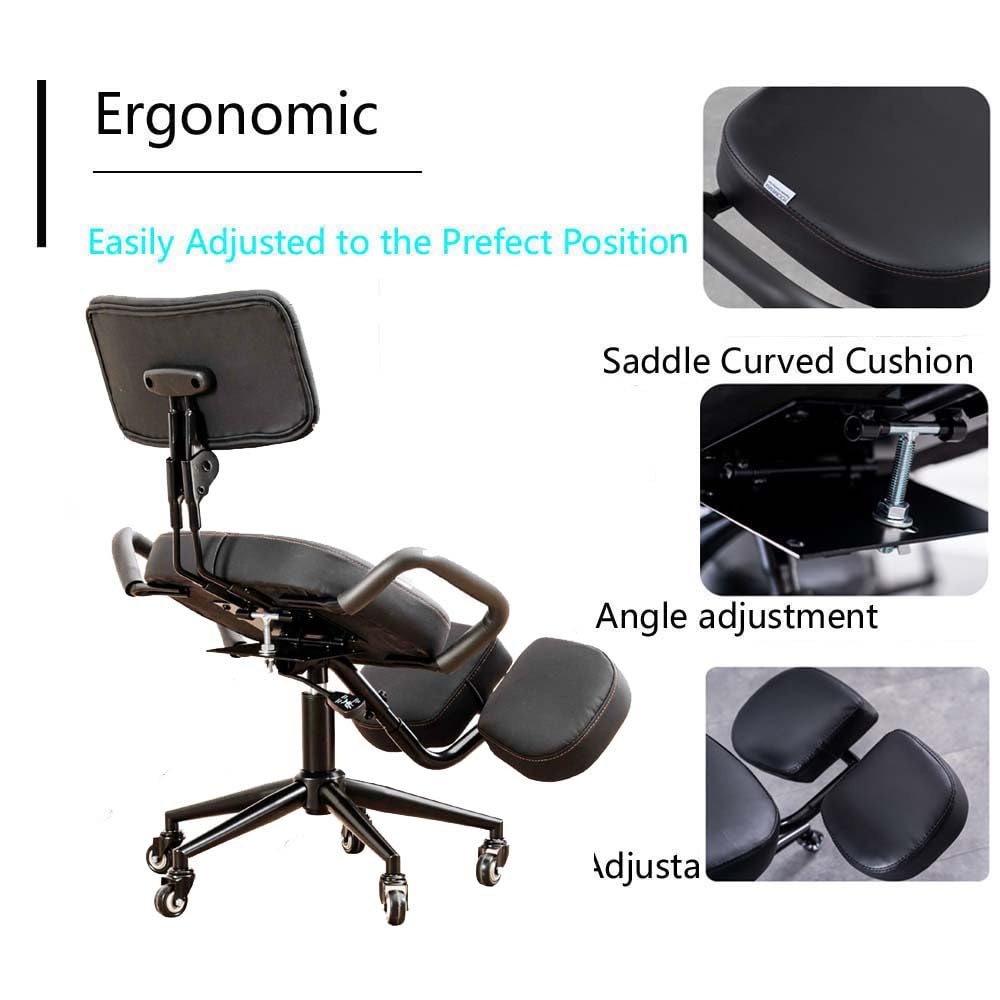 Silla de escritorio de rodillas para oficina con soporte de espalda, altura y ángulo ajustables, postura vertical sentada, cojines gruesos y cómodos, color negro, YDM-1458-2CF