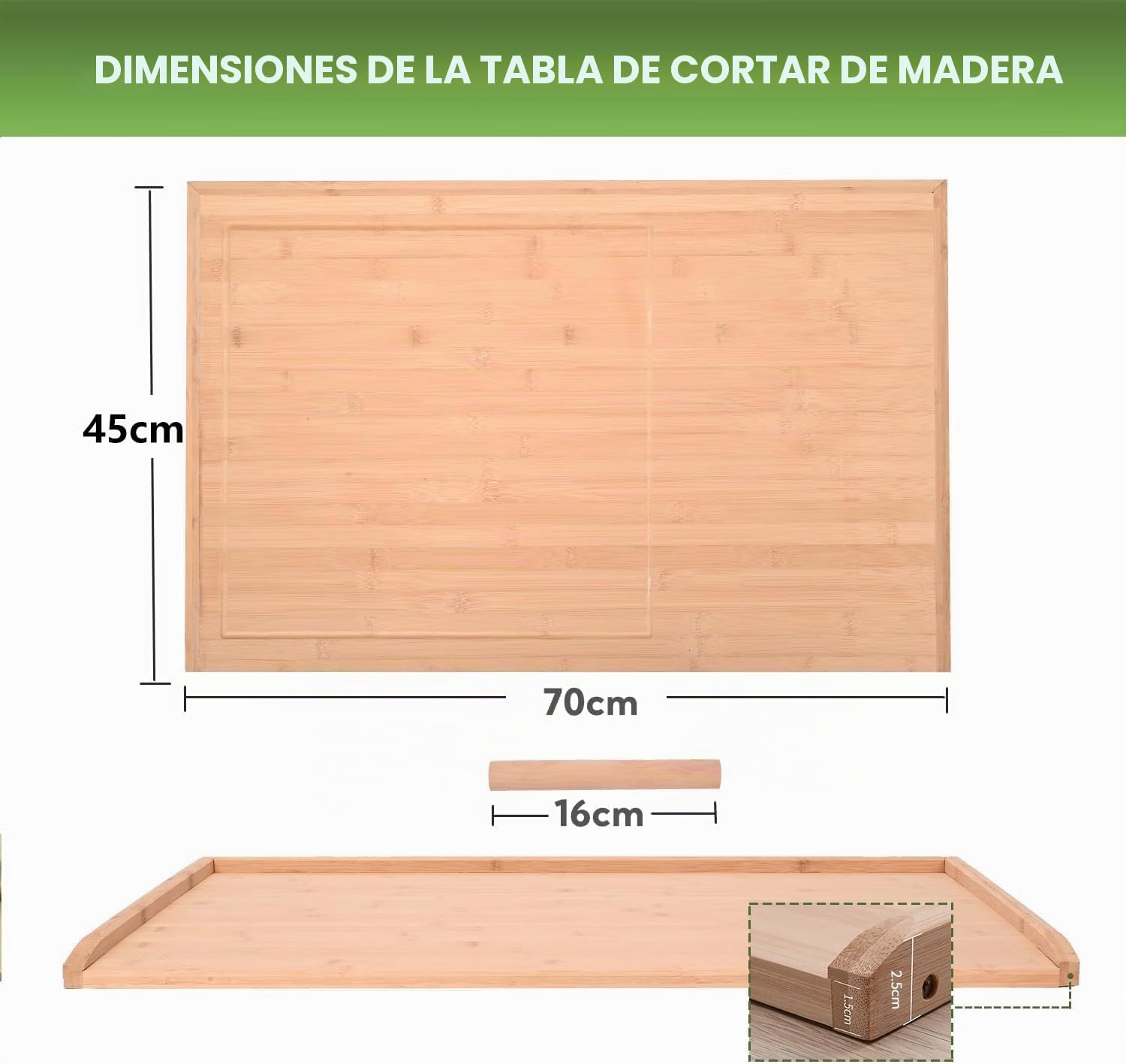 Tabla de cortar de madera extra grande de 70 x 45 x 2,5 cm, tabla de cortar de bambú para cocina, tabla de cortar reversible, bandeja grande con ranura para jugos para carne, verduras, quesos,