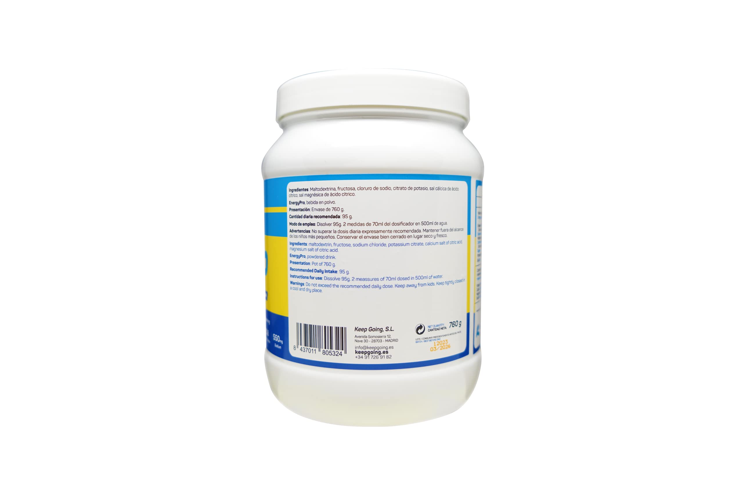 Keepgoing EnergyPro Drink Bebida Energética Premium en Polvo Sabor Neutro 760g| Triatlón Ciclismo Running Trail |Ratio 1:0,8 Maltodextrina - Fructosa