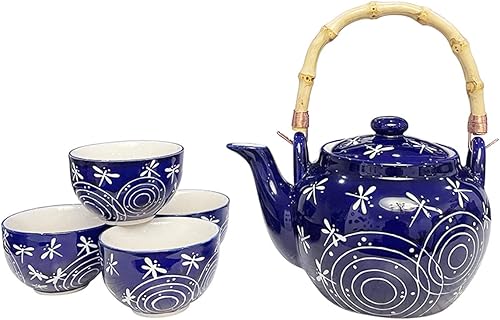 Happy Sales Juego de té de porcelana de estilo japonés perfecto con colador, mango de madera y 4 tazas de té (BlueDragonfly)