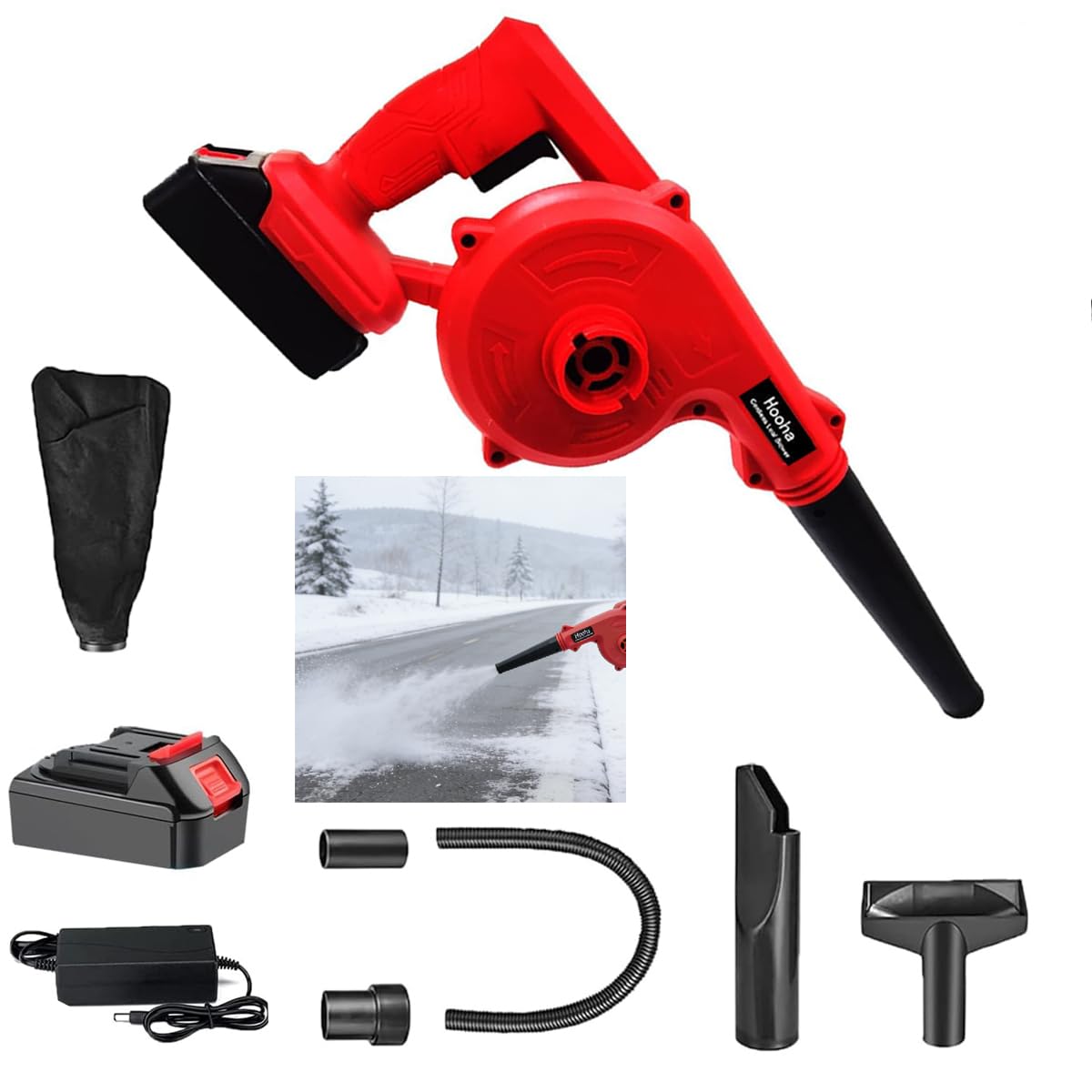 Hooha Souffleur à feuilles 3 en 1 21 V avec chargeur - Avec fonction aspiration/soufflage - Vitesse de soufflage : 230 km/h - Aspirateur et broyeur - Avec sac collecteur de 6 ml - Pour déneigement
