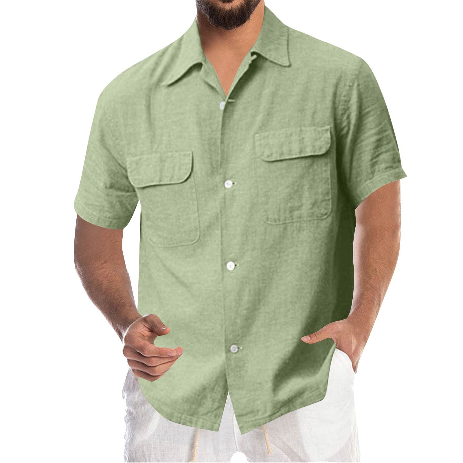 Generic Camisa de algodón y lino de manga corta para hombre, color liso, con botones, estilo hawaiano, para playa, verano, informal, holgada, cómoda, transpirable, con bolsillo, estilo retro, sensación
