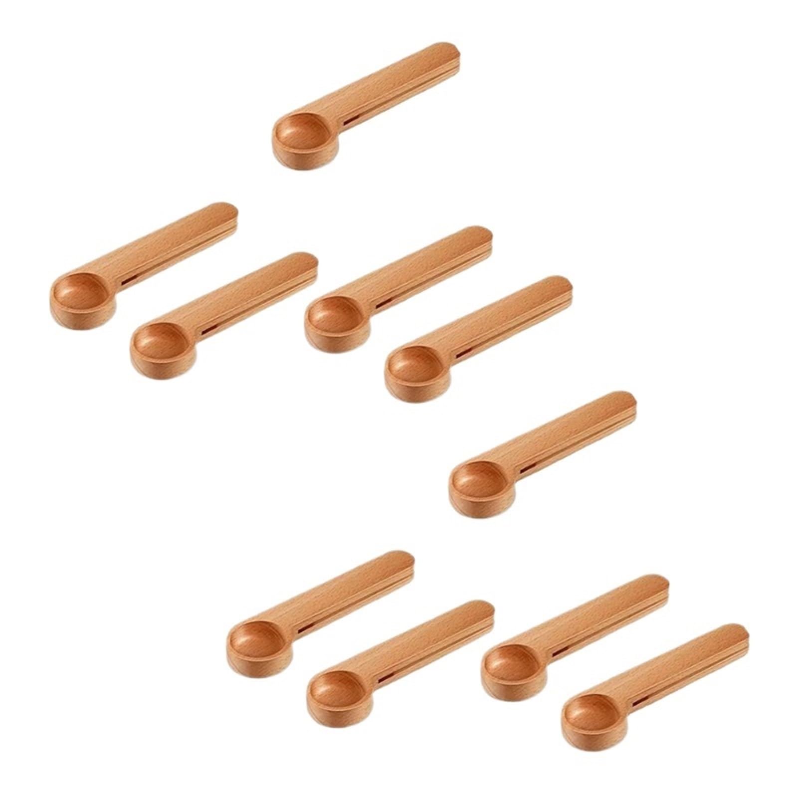 10 Stück Kaffeelöffel aus Holz und Beutelclip, Messlöffel, 2-in-1-Beutelversiegelung, Messung for Bohnen, Espresso, Tee