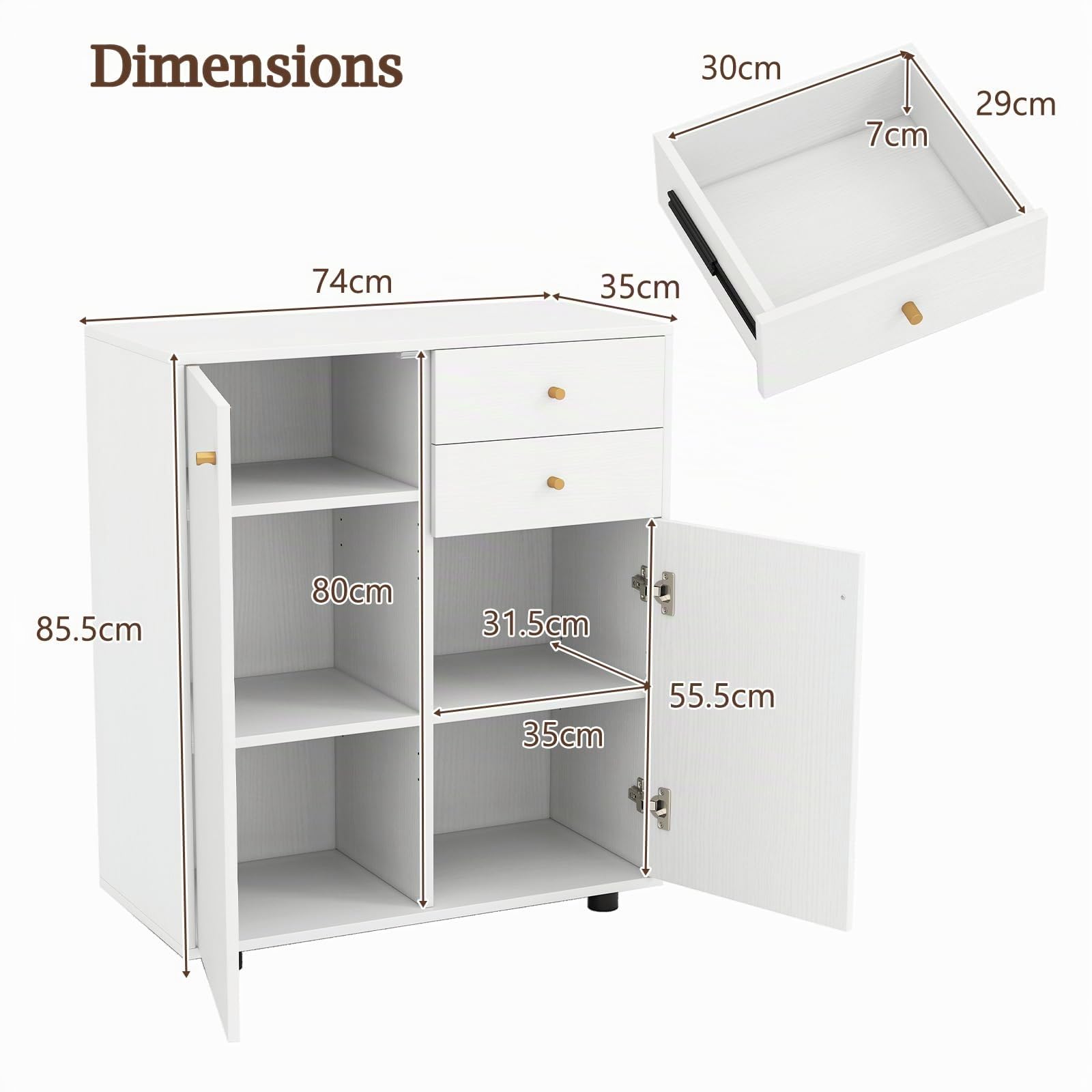 KOMFOTTEU Buffet Bas avec 2 Armoire à Porte, Meuble Rangement, 3 Étagère réglable, Armoire de Cuisine avec Kit Anti-basculement, pour Salon, Salle à Manger, Chambre, 74 x 35 x 85,5 cm (Blanc)