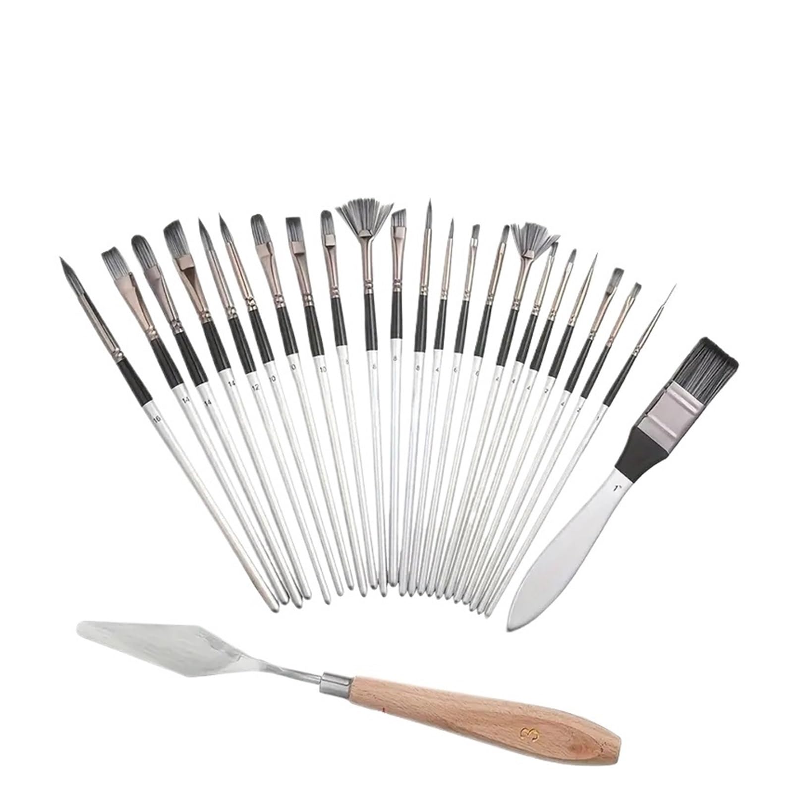 Set di pennelli for artisti da 24 pezzi - Pennelli assortiti piatti, rotondi, a ventaglio e for dettagli con setole morbide, ha in legno