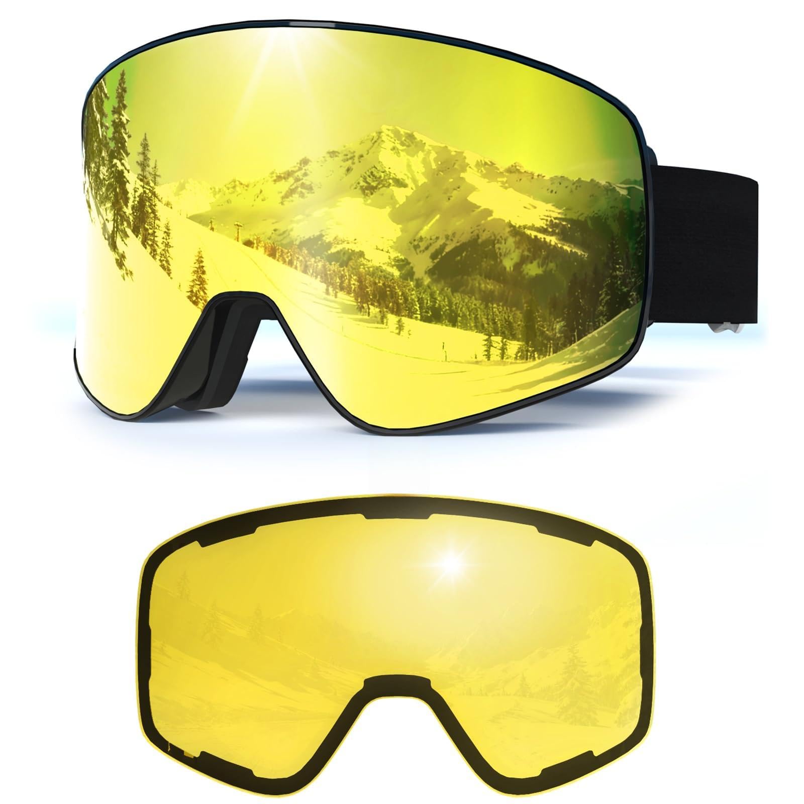 Occhiali da Sci con Magnetico Lenti Intercambiabili,YH212 Maschera da Sci OTG per Unisex Anti-UV400 Anti Nebbia Antipolvere Antivento Occhiali da Neve per Ski Ciclismo Moto