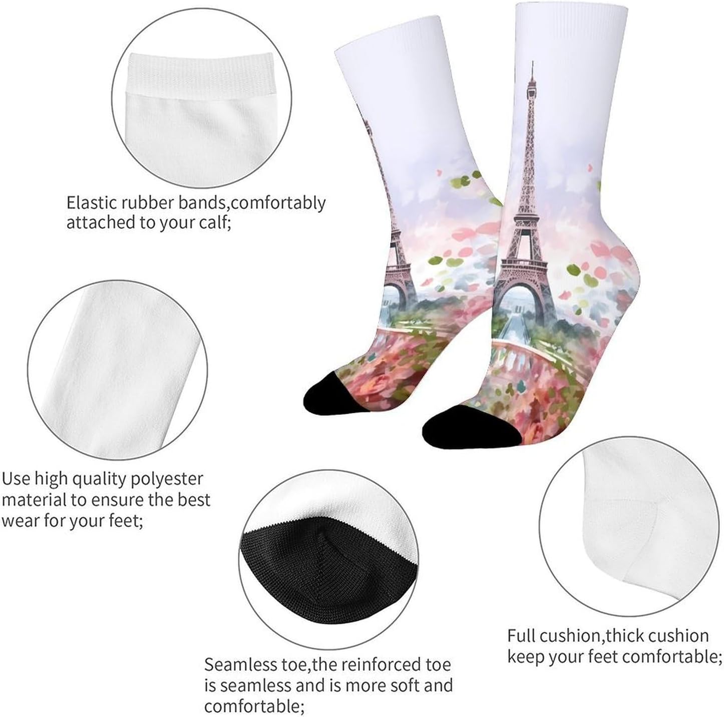 Breathable Sports Socks, Moisture Wicking, Lightweight Crew Socks | Paris Eiffel Tower With Flowers Athletic Calf Socks for Women Men, Casual, Anti-Slip, Multifunctional Work Socks