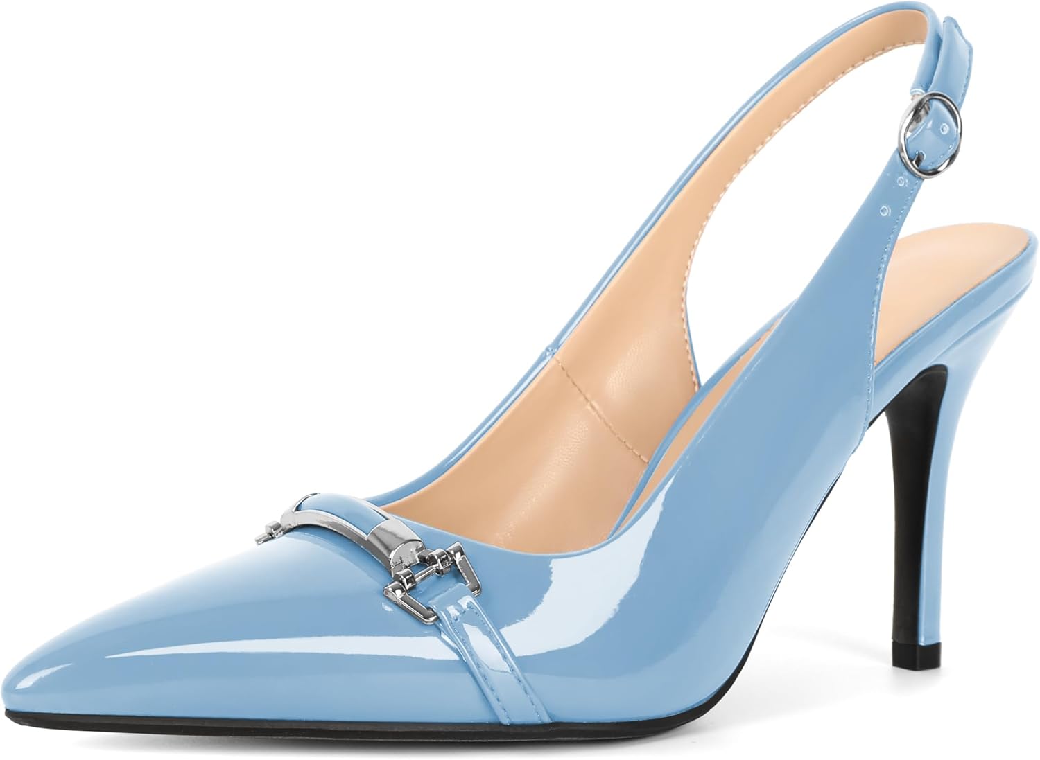 Soireelady Women's Slingback Heels Pointed Toe Stilettos High Heel Pumps Silver Buckle Strap Fashion Shoes 3.5 Inches