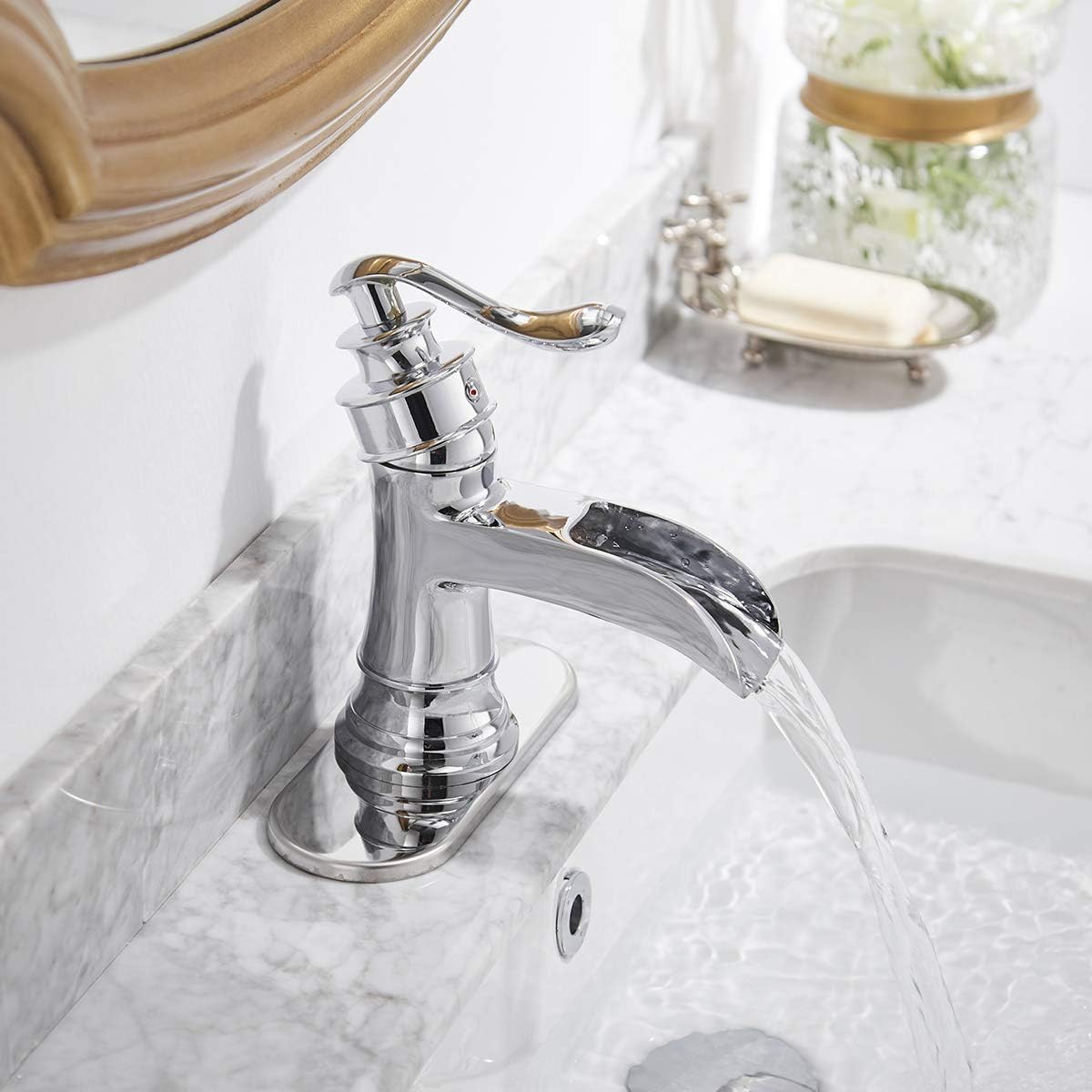 Super Big Clearance! Waterfall Bathroom Faucet Chrome with Drain Overflow Single Hole One Handle Deck Mount Modern Lavatory Sink Faucet Basin Mixer Tap Commercial Residential Lead-Free Hose Included by Bathadore