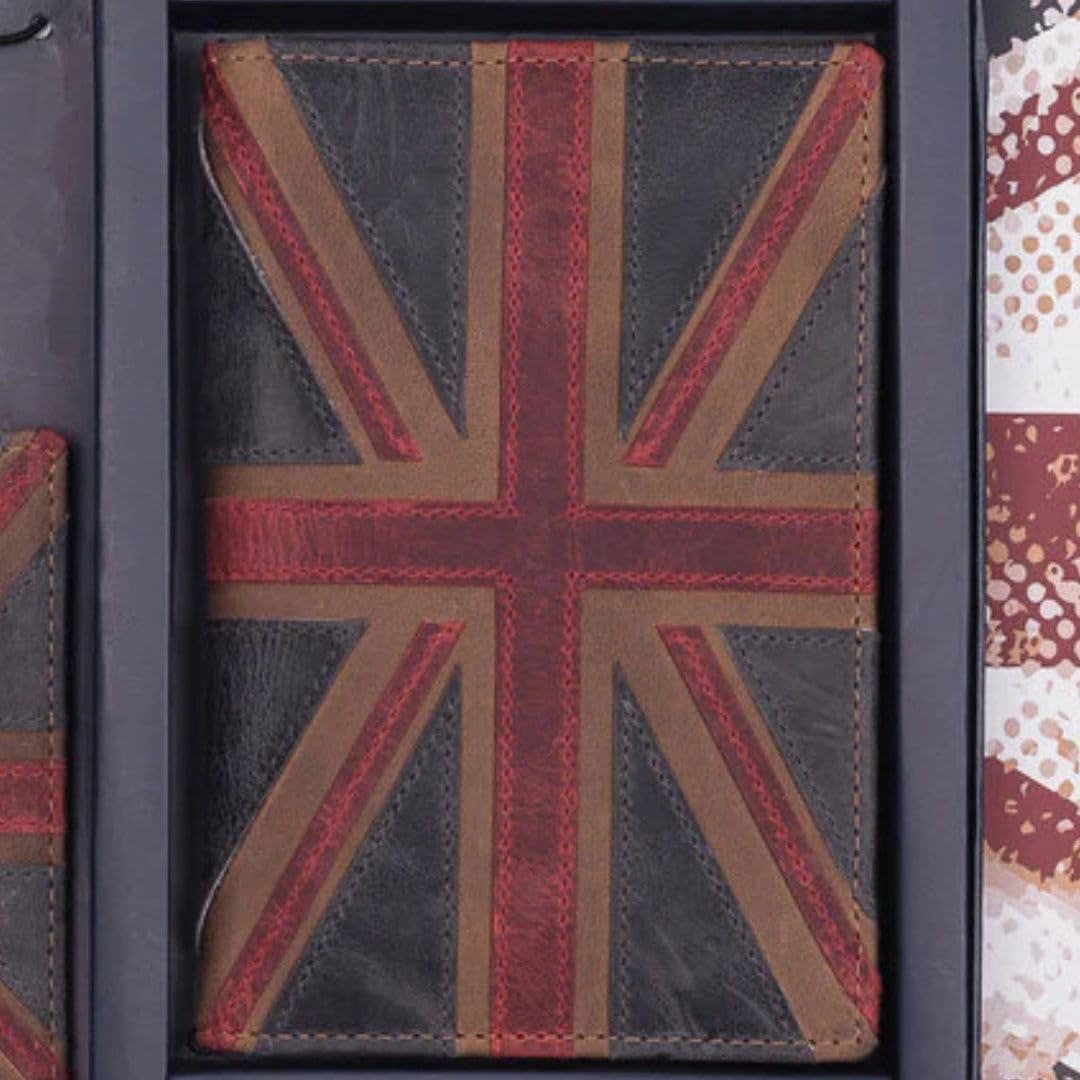 Mala Leather Union Jack pokrowiec na paszport i etykieta bagażowa zestaw upominkowy 100% prawdziwa skóra z pudełkiem prezentowym - brązowy - 20 × 21,5 cm