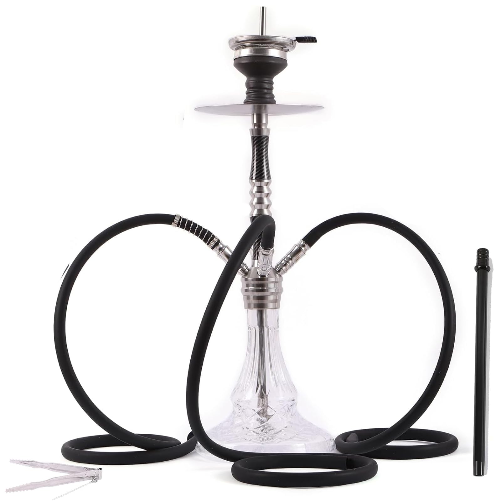 RMAN® Shisha Set Aluminium 66cm Wasserpfeife Komplett 4 Anschlüssen mit Premium Zubehör incl. 3 Shisha Schlauch, Tauchrohr, Kaminkopf, Diffusor, Bowl - Silber