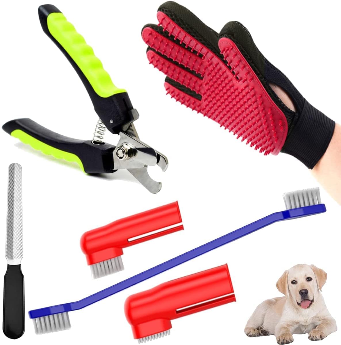 PSK PET MART Dog Grooming Kit - 3 in 1 Combo With Nail Clippers, Filer, Toothbrush Kit, and Pet Grooming Glove for Dogs, Puppies, Cats and Kittens