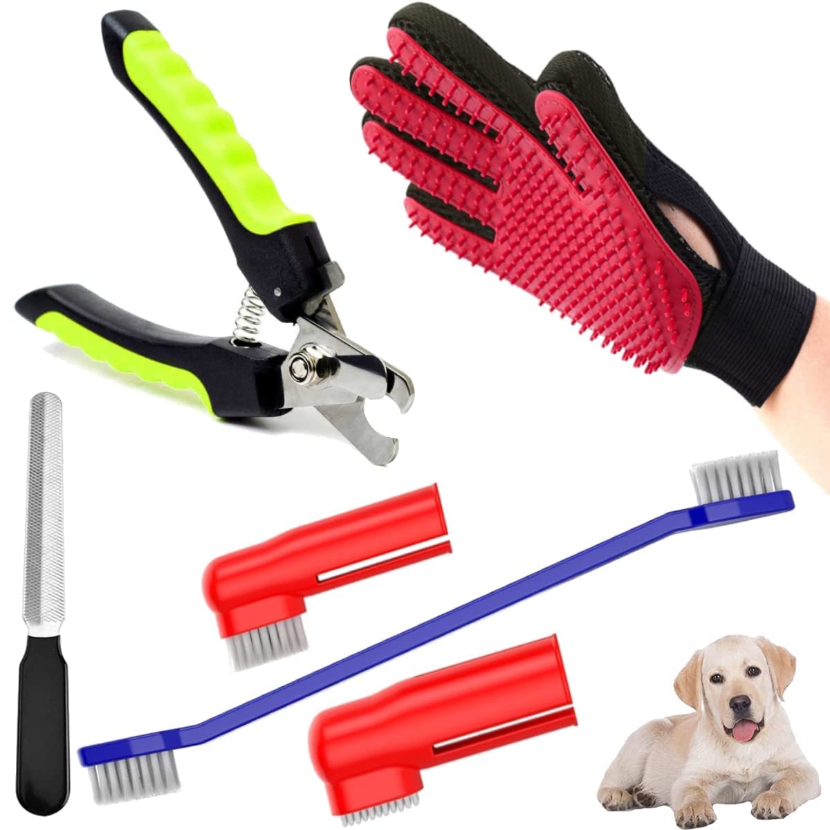 Dog Grooming Kit - Dog Nail Clippers with Filer + Dog Toothbrush Kit + Pet Grooming Glove for Dog, Puppy, Cat and Kitten - 3 in 1 Dog Combo